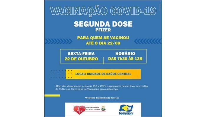 Guaraniaçu – Nesta sexta-feira continua a vacinação contra a Covid-19, 2° dose Pfizer